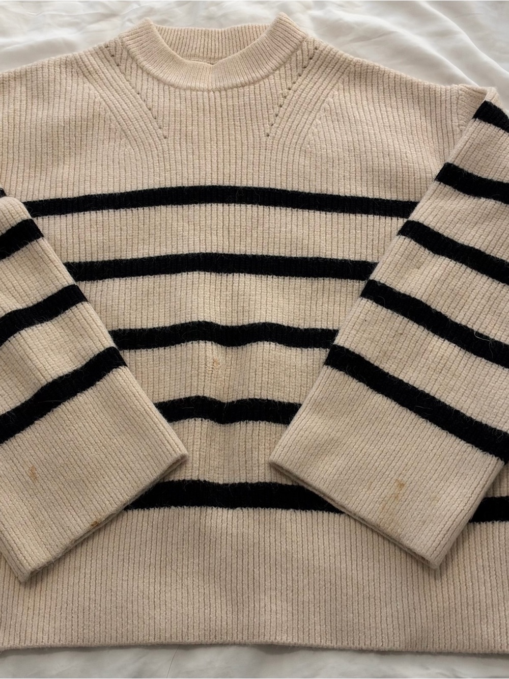 Zara Cream and Black Striped Women's Crewneck Sweater